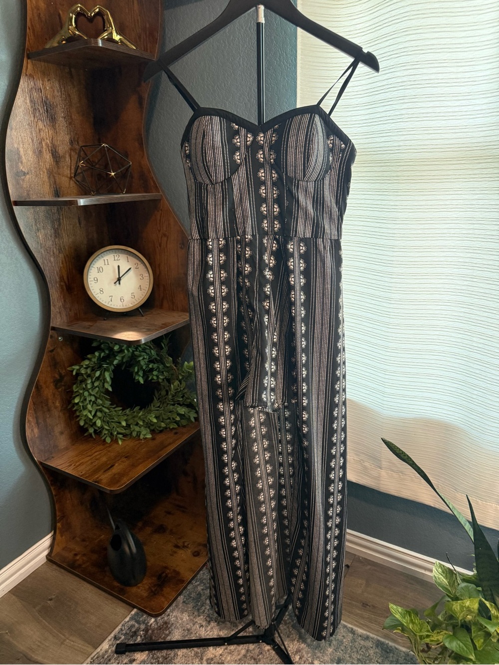 Band of Gypsies Black and White Striped Floral Bustier Jumpsuit